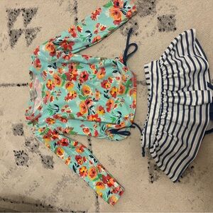 Ruffle Butts Floral and Striped Kids Swim Rashguard Set Size 3T